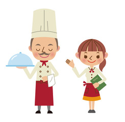 レストランで働くシェフと案内をするウェイトレス