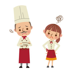 困った表情のシェフとウェイトレス