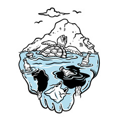 Vector illustration of crying turtle trapped in dirty sea