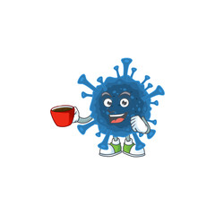 Cool coronavirus desease cartoon character with a cup of coffee