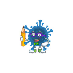 A mascot icon of Student coronavirus desease character holding pencil