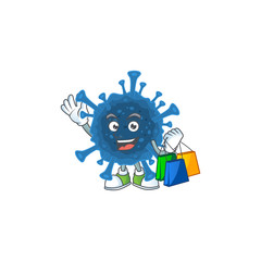 A rich coronavirus desease cartoon design waving and holding Shopping bag