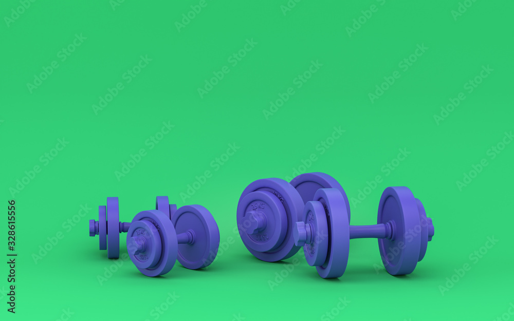 Wall mural violet dumbbells on green background, solid background, flat background, two colors, 3d Rendering