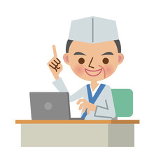 ノートパソコンを使いながら説明・解説する板前さん