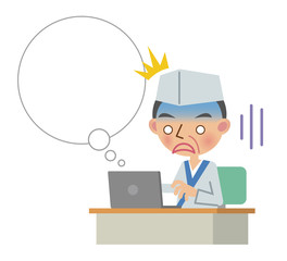 ノートパソコンの前でショックを受ける板前さん