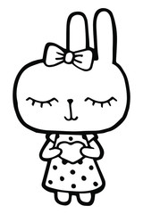 Vector illustration. Cartoon rabbit. Cute character. Girl in a dress with polka dots and with a bow. Heart in the hands. Coloring page. Emotions Stickers Black line. Use for kids stuff