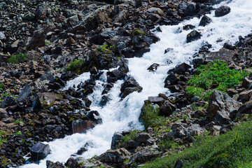 Swift mountain stream. Fast river in mountains among stones