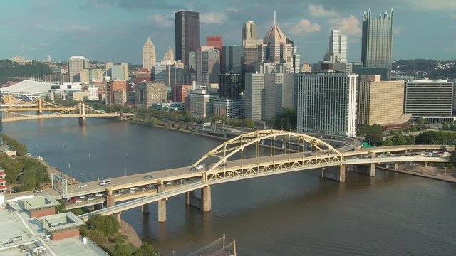 Aerial: Downtown Pittsburgh & bridges on Allegheny River. Pennsylvania, USA