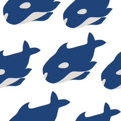 Cute flat killer whale seamless pattern. Adorable little cartoon orca vector illustration. Childish ornament for textile, fabric, print, wallpaper, wrap paper
