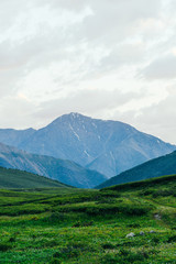 rocky ridge on horizon in mountain valley, green slopes of gentle hills, beauty of nature for relaxation and meditation