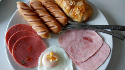 American breakfast set on a white plate