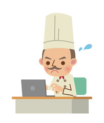 ノートパソコンを必死で操作するシェフ・コック（フキダシあり）