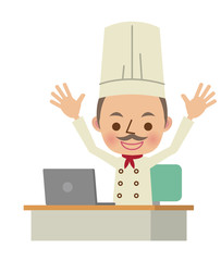 ノートパソコンの前でバンザイをするシェフ・コック