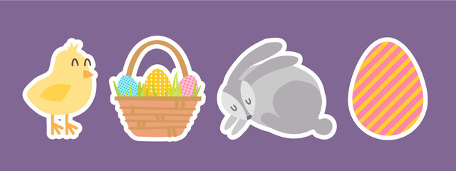 Four cute easter stickers in flat style hand drawing. The rabbit is sleeping, the chick is funny, the basket of eggs and the cute egg. Vector illustration Easter scrapbook and stickers set.