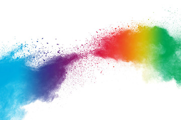 colorful rainbow holi paint color powder explosion isolated on white wide panorama background