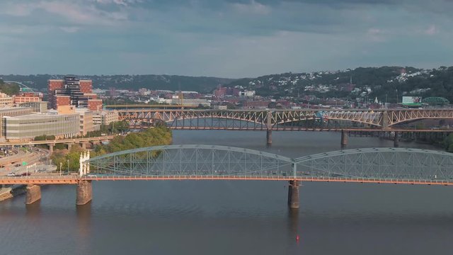 Aerial: Bridges crossing the Monongahela River. Pittsburgh, Pennsylvania, USA