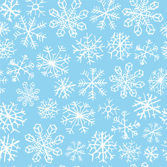 Image of a pattern with snowflakes on a blue background. Color vector illustration. Can be used for gift wrapping, fabric, wallpaper, stickers, t-shirt posters.