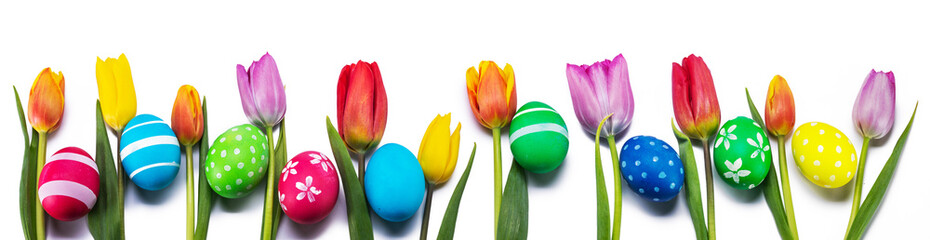 easter eggs and tulips on white