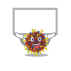 Happy cartoon character of corona virus molecule raised up board