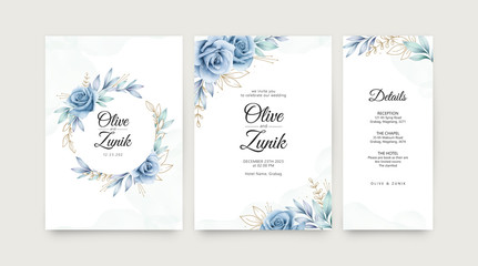 Elegant wedding invitation set with roses blue watercolor and leaves golden - obrazy, fototapety, plakaty