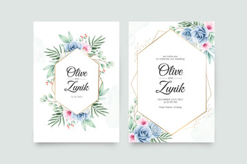 Geometric wedding invitation set template with flowers and leaves watercolor
