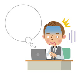 ノートパソコンの前でショックを受けるウェイター（フキダシあり）