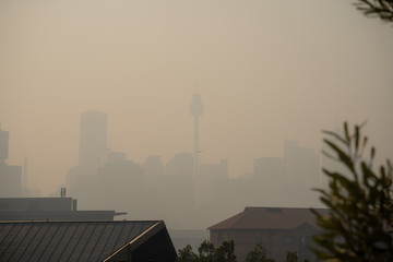Sydney, NSW - November 21th 2019: The Sydney Skyline is engulfed in smoke from various bushfires in NSW.