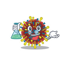 Smart Professor of corona virus molecule mascot design holding a glass tube