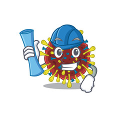 Smiling Architect of corona virus molecule having blue prints and blue helmet