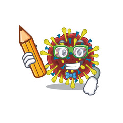 A smart student corona virus molecule character with a pencil and glasses