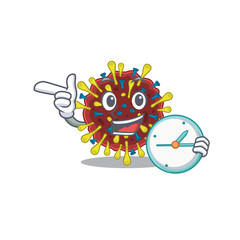 Cheerful corona virus molecule cartoon character style with clock
