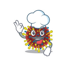 Cute corona virus molecule cartoon character wearing white chef hat
