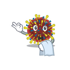 A design of corona virus molecule cartoon character working as waiter