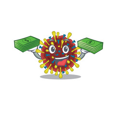 happy face corona virus molecule character having money on hands