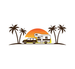 camping car and trailer standing in sunset beach with the palm trees for summer holiday camping vector logo design