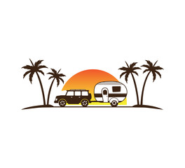 camping car and trailer standing in sunset beach with the palm trees for summer holiday camping vector logo design