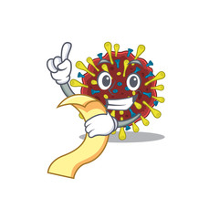 cartoon character of corona virus molecule holding menu ready to serve