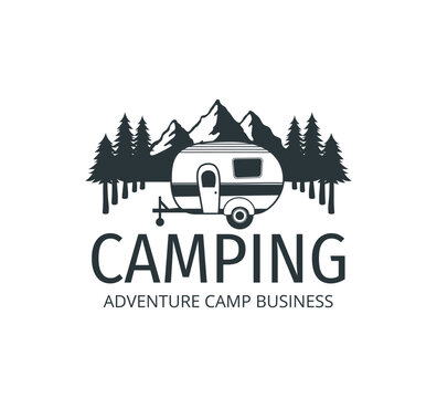 camping car trailer in the middle of jungle of pine trees for outdoor camp adventure vector logo des