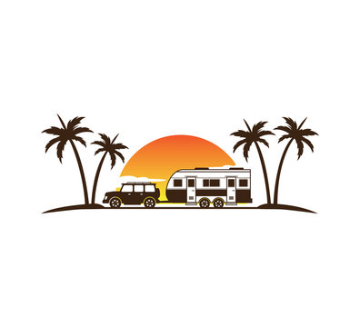 camping car and trailer standing in sunset beach with the palm trees for summer holiday camping vector logo design