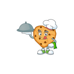chef cartoon character of chocolate chips love with food on tray