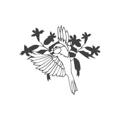 Vector composition of hand drawn bird with leaves and twigs.