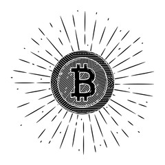Fototapeta premium Bitcoin. Vector illustration with bitcoin and divergent rays. Used for poster, banner, web, t-shirt print, bag print, badges, flyer, logo design and more.
