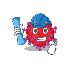 Smiling Architect of coronavirus particle having blue prints and blue helmet