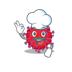 Cute coronavirus particle cartoon character wearing white chef hat