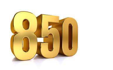 eight hundred fifty, 3d illustration golden number 850 on white background and copy space on right hand side for text