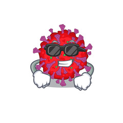 Super cool coronavirus particle mascot character wearing black glasses