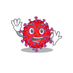 Smiley coronavirus particle cartoon mascot design with waving hand
