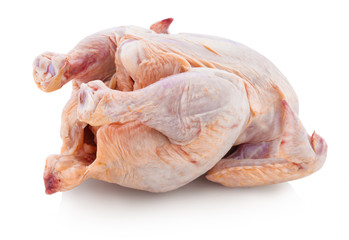 Raw defrosted chicken from the shop. Isolated on white background with shadow reflection. With clipping path. With vector path. Raw poultry meat on white bg. Studio shot on reflective underlay.