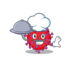 Coronavirus particle as a chef cartoon character with food on tray