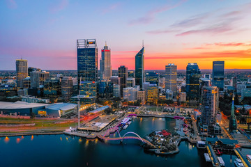 Perth, Australia - Mar 04 2020: The Perth City skyline during dawn. Perth is the capital of Western Australia - obrazy, fototapety, plakaty